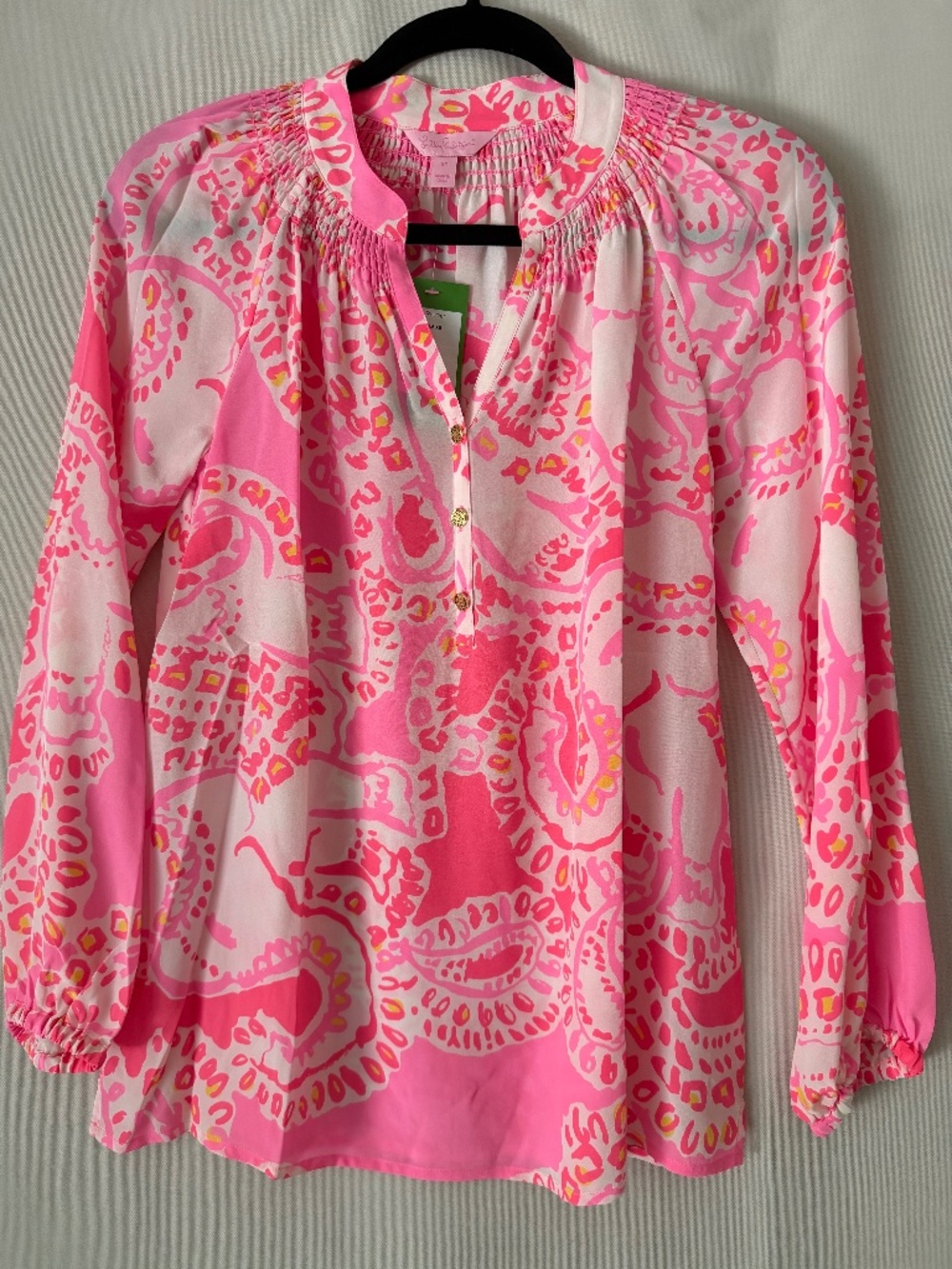 NWT Lilly Pulitzer Elsa Silk Blouse Hot Coral Trunk in Love Size XS